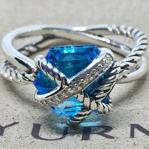 David Yurman Sterling Silver Cable Wrap Blue Topaz Diamond Ring Size 7